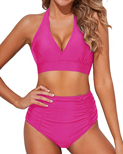 Tempt Me Women Hot Pink High Waisted Bikini Halter V Neck Two Piece Push Up Retro Swimsuits L