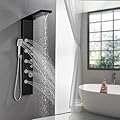ROVATE Rainfall Waterfall Shower Tower Panel System, 304 Stainless Steel Bathroom Shower Tower with 5 Rain Body Massage Jets and 3 Sets Handheld Shower, Shower Column Wall Mounted Black