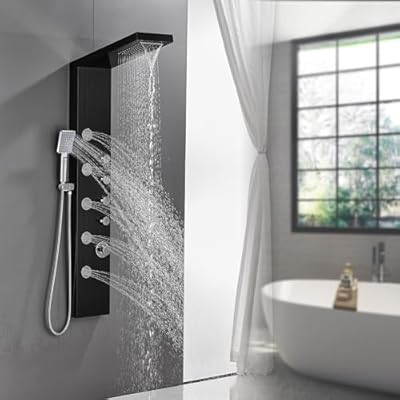 ROVATE Rainfall Waterfall Shower Tower Panel System, 304 Stainless Steel Bathroom Shower Tower with 5 Rain Body Massage Jets and 3 Sets Handheld Shower, Shower Column Wall Mounted Black