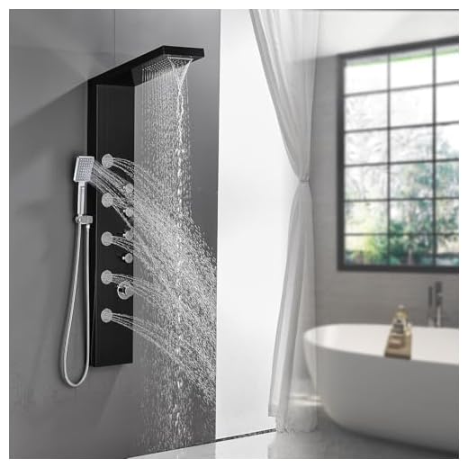 ROVATE Rainfall Waterfall Shower Tower Panel System, 304 Stainless Steel Bathroom Shower Tower with 5 Rain Body Massage Jets and 3 Sets Handheld Shower, Shower Cloumn Wall Mounted Black