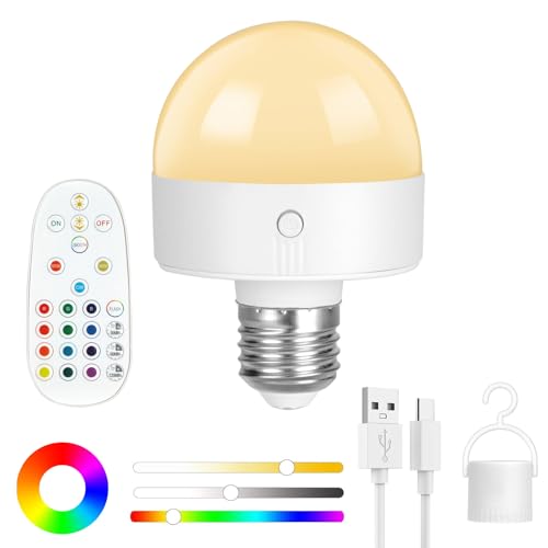 HOTUT Bombilla Recargable USB-C Con Control Remoto, 300LM Bombillas De Emergencia Recargable Con Cronómetro Bombillas, E26、E27 Bombilla LED Regulable con 15 RGB Colores, 3 Temperaturas de Color