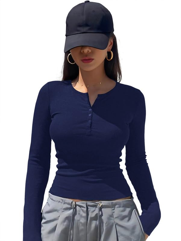 navyankaa Women’s Basic Ribbed Henley Top – Soft Stretch Long Sleeve Button Front Fitted Tee for Office & Casual Wear 23" Inches(Top-02-Saiyaraa-P)-picture-39