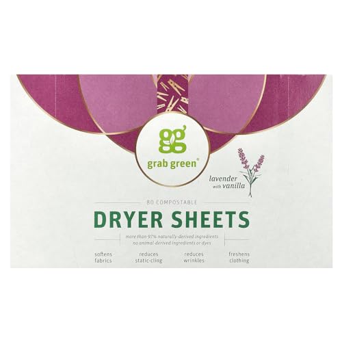 Grab Green Hojas para secadora, 80 hojas, aroma a lavanda y vainilla, a base de plantas y minerales, compostables, suaviza las telas, reduce la adherencia estática y las arrugas