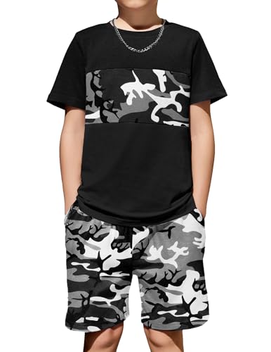 Image of Arshiner Boys' 2-Piece Cotton Outfit Color Block T-Shirt and Shorts Set Summer Camo Clothes for Kids 5-14 Years