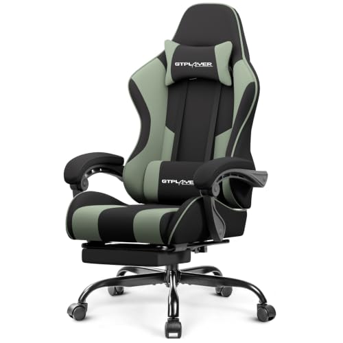 Image of GTPLAYER Gaming Chair, Computer Chair with Footrest and Lumbar Support, Height Adjustable Game Chair with 360-Swivel Seat and Headrest and for Office or Gaming (Green, Fabric)