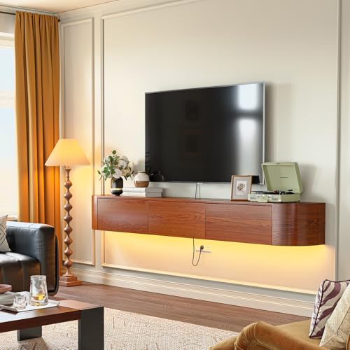 FloatiCasa 70 Inch Floating TV Stand, Modern Wall Mounted Media Console with 1 Door & 2 Drawers, Real Ash Wood Veneer Plywood Entertainment Center, Fully Assembled, Walnut