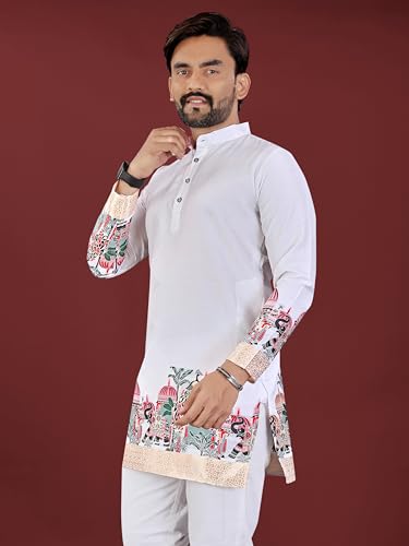 Image of Men's Cotton Silk Kurta with Jacquard Work Full Sleeves Floral Printed Side Slit and Mandarin Collar Neck | Kurta Pajama Set for Men Cotton Wedding | Short Kurta for Men