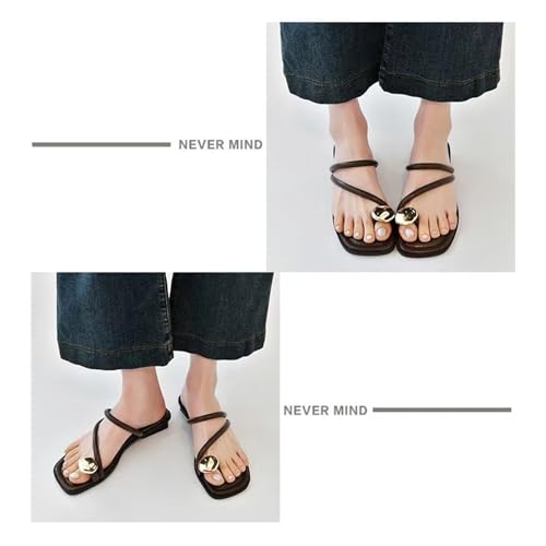 Image of Women'S Leather Strappy Flat Metal Toe Ring Sandals Fashionable Square Open Toe Low Block Heel Slip-On Clip Toe Slide Sandals Casual Summer Beach Slipper