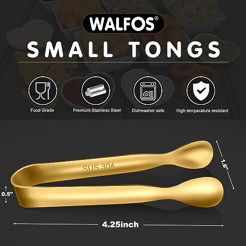 Walfos Small Gold Tongs For Serving,Food Grade Stainless Steel 4" Mini Tongs Appetizers for Parties Catering, Sugar，Desserts，Tea Party, Coffee Bar, Set of 12 （Gold）
