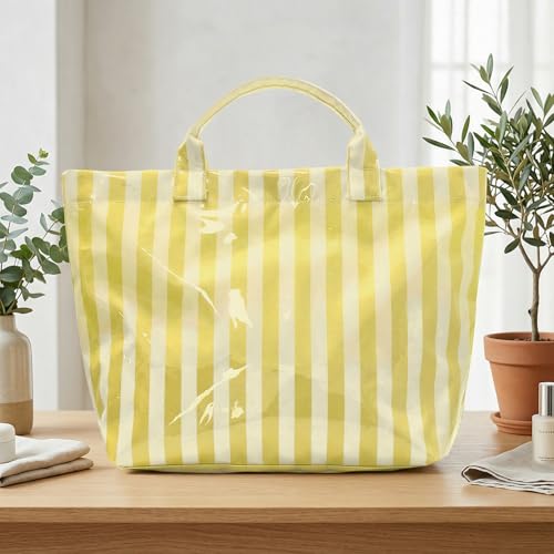 Image of Lushandy Striped PVC Tote Bag for Women, Waterproof Plastic Tote Bag for Beach Pool Large Top Handle Travel Hobo Handbag