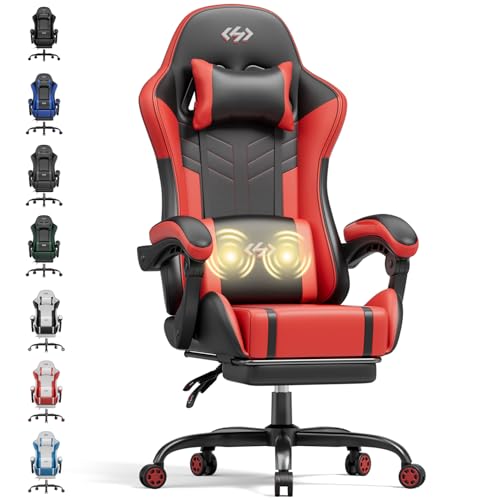 HLONONE Gaming Stuhl mit Massagefunktion, Ergonomischer Gamer Stuhl, Racing Gaming Sessel mit Fußstütze, Kopfstütze und Massage Lendenkissen, Gepolstert PC Stuhl, 150 kg Belastbarkeit, Schwarz-Rot