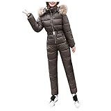 EnnUerporinKS Damen Kapuzen Daunenjacke Ski Onesie Overall Outdoor Sports Reißverschluss Schneeanzüge Pelzkragen Winter Warme Daunenmäntel