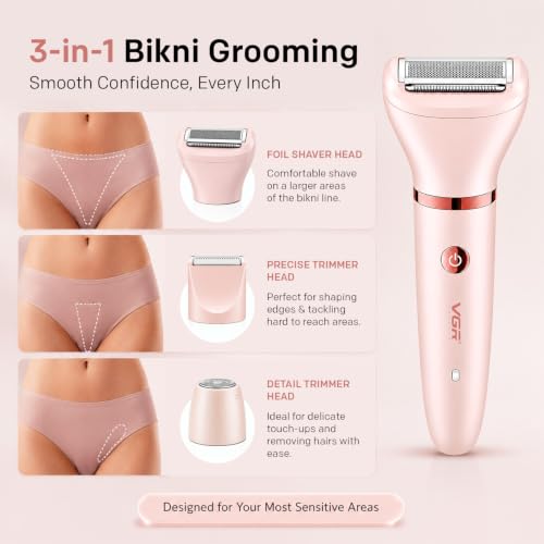 Image of VGR V-735 Professional 3 in 1 Lady Shaver Set for Women | IPX7 Waterproof | Body Bikini Facial Trimmer | USB Type-C Rechargeable | 2 Years Warranty | Pink