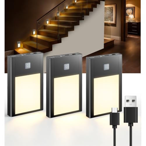 Image of VST Motion Sensor Step Night Lights, Rechargeable Battery Powered Stair Lights with Magnetic Suck Installation for Indoor Bedroom Hallway Stair Nursery Kids Room (2.68 inch 3000K 3Pack Black)