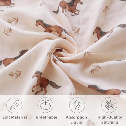 Image of LifeTree Baby Swaddle Blankets, Boys Girls Muslin Swaddling Wrap Receiving Blanket for Newborn, 70% Viscose from Bamboo and 30% Cotton, Large 47 inch x 47 inch, Horse and Blue Checkered Pattern