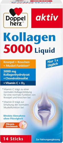 Doppelherz Kollagen 5000 Liquid - mit Kollagenhydrolysat, Chondroitinsulfat, Vitaminen und Mangan - 14 Sticks mit Pfirsich-Geschmack