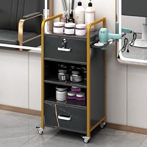 Lockable Salon Cart for Hair Stylist, with Wheels & Drawer,3 Hair Dryer Holder, Hair Salon Stations for Hair Stylist Salon Rolling Cart Salon Storage Cabinet Salon Furniture Equipment (Black)