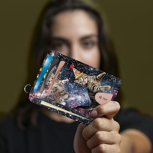 Image of Small Travel Wallets, Cats Galaxy Nebula Slim Minimalist Front Pocket Wallet with Wristlet, RFID Blocking PU Leather Credit Card Holder with ID Window Change Purse for Men Women