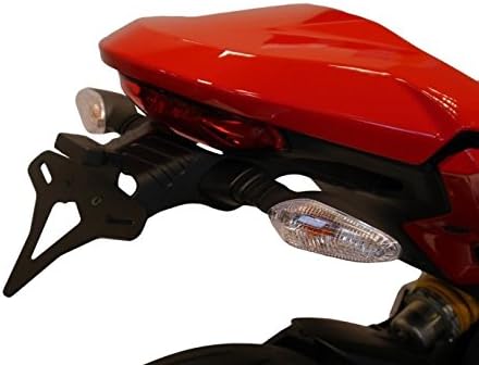 posterior view of a red Ducati Monster motorcycle with the Evotech Performance fender eliminator installed, showcasing the compact design and integrated turn signals.