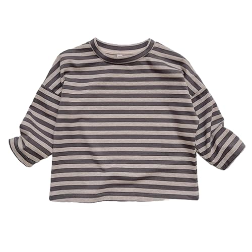 AngelBabies Gestreiftes Kinder T-Shirt Modisches Langarmshirt Bequemes Baumwolle Kleinkind Kinderbekleidung Rundhals-Oberteil für Jungen und Mädchen Warm Frühling Herbst Winter Grau 2 Jahre
