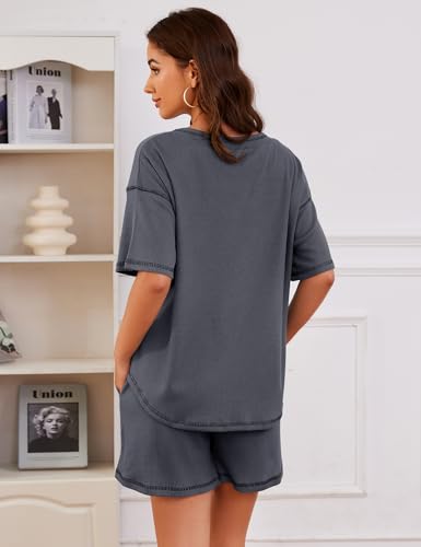 Image of Womens Pajama Sets Waffle Knit 2 Piece Short Lounge Set Cute Sleep Loungewear Pjs Set Short Sleeve Top and Shorts