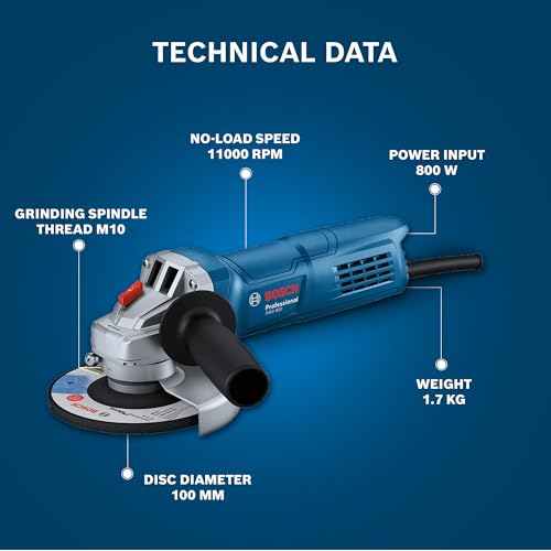 BOSCH Professional GWS 800 Angle Grinder | 800W Power | No-load Speed of 11000 RPM | Versatile Cutting and Grinding Tool | M10 Grinding Spindle Thread | 100 mm Disc | 1 Year Warranty