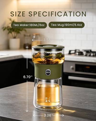 Image of ZENS Modern Glass infuser Teapot, Small One Touch Tea Maker for Loose Tea Diffusers with 200ml Insulated Cup and Army Green Portable Carry Case, Magic Gongfu Tea Pot for Tea Lovers Gifts