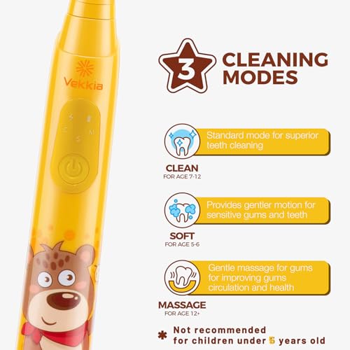 Vekkia Little Bear Kids Electric Toothbrush , 2 Minutes Timer for Age 3+ , 4 Brush Heads , (Rechargeable)