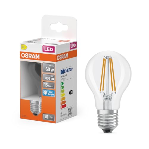 Osram LED-Lampe Star Kolbenform A60 Filament, 6500 K kaltweißes Tageslicht, 5,9 W, E27, klar, 806 lm, 15.000h, für Arbeitsplätze, Bürobeleuchtung