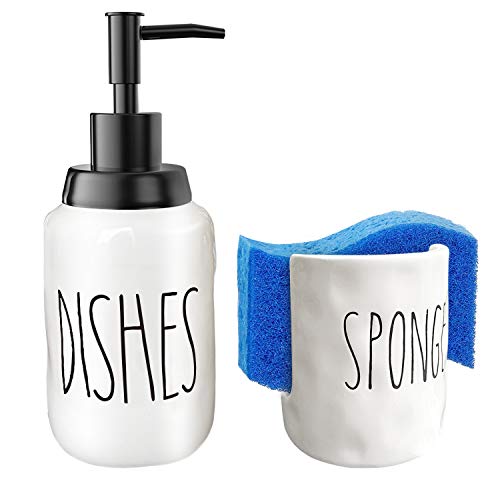 JANEAST Soap DispenserCeramic Dish soap Dispenser and Sponge Caddy Set (DishesA+Caddy) for
