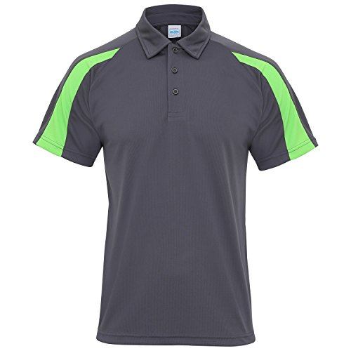 AWDis Just Cool - Polo transpirable de manga corta con franjasen contraste Hombre caballero - Verano/Deporte (Grande (L)/Carbón/Verde lima)
