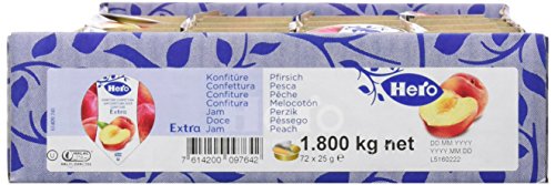Hero Mermelada Porciones Confitura de Melocotón - Sin Gluten y Vegana, Fuente de Fibra, Sin Grasas Añdidas, Calidad Premium y Sabor Intenso, Saludable, 72 x 25g
