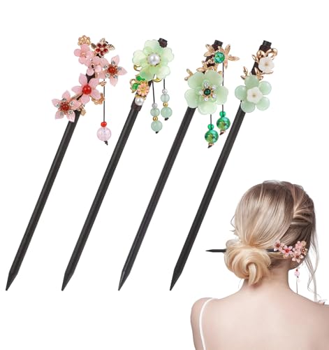 Japanese Hair Pin 4 Pcs Japanese Hair Stick 7 Asian Hairs Accessories with Flower Bead Pendants Vintage Tassel for Long Thick Hairstyle Bun (Multi-colored)