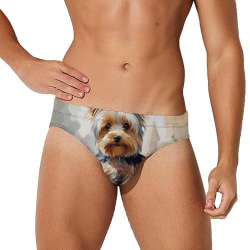 Yorkshire Terrier in Garden Men's Swim Briefs Sexy Bikini Swimsuit Beach Shorts Underwear Low Waist