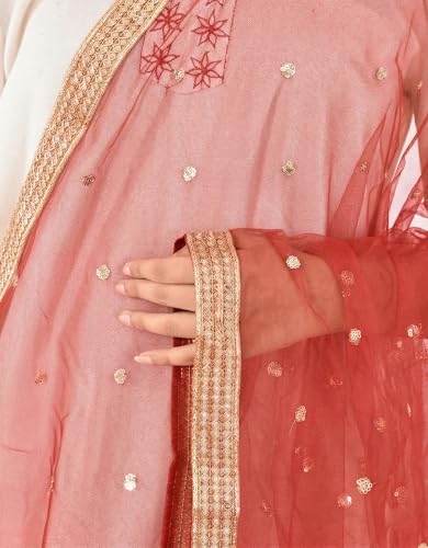 Image of YOUTHQUAKE Women's Net Embroidered Full Size Dupatta With 4 Side Golden Lace