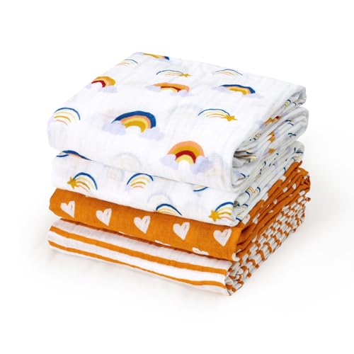 Image of david's kids 4 Pack Baby Muslin Swaddle Blankets, 100% Cotton and Ultra Soft Breathable Receiving Blanket Wrap for Boys Girls, New Born Essentials, Rainbow