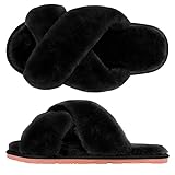 SIMIYA Womens Fluffy Slippers, Anti-Skid Faux Fur House Slippers, Warm Furry Cozy Open Toe Sliders for Girls Indoor Outdoor Shoes(Black,UK 5/6)