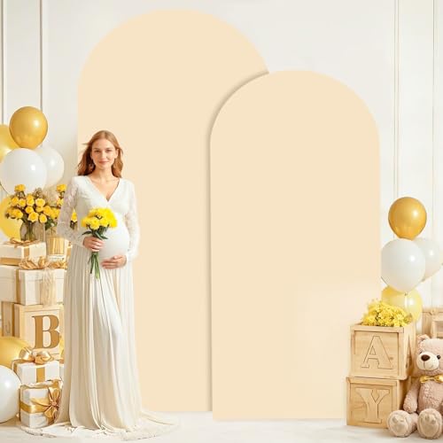 ROMANKAS Arch Backdrop Cover Beige Arch Cover Set of 2 Spandex Arch Covers Stretchy Backdrop Chiara Wall Arches Stand Cover 6FT 7.2FT Wedding Arched Covers for Bridal Wedding Banquet Party Prom by ROMANKAS - Image 3