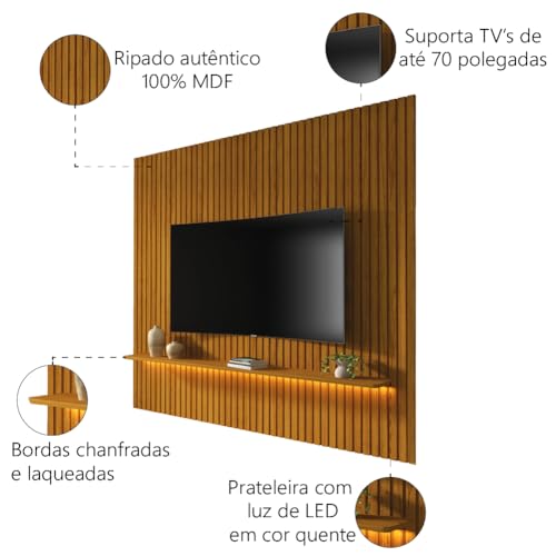 Painel Ripado Para TV Até 70 Polegadas Com Prateleira e LED Nobre Naturale Gelius