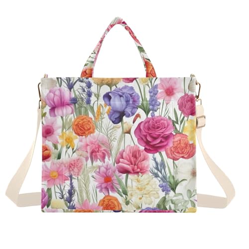 RunningBear Spring Colorful Flower Corduroy Tote Bag for Women Book Tote Bag with Adjustable Detachable Strap and Pockets for Travel Shopping Women2