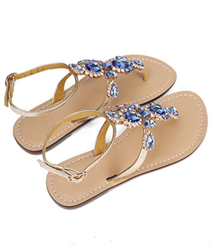 Image of ZhuLinFeng Women'S Rhinestone Gladiator Sandals Flat Wedding Sandals Gem Pearl Sparkling Bridal Bridesmaid Sandals Blue Bohemian Sandals
