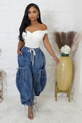 Mandonce Baggy Jeans for Women Cargo Wide Leg Jeans Drawstring Denim Hippie Pants Loose Fit Jeans for Women Trendy3