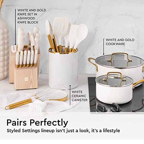 Image of White Silicone and Gold Cooking Utensils for Modern Cooking and Serving, Stainless Steel Gold Serving Utensils - Spatulas for Non Stick Cookware