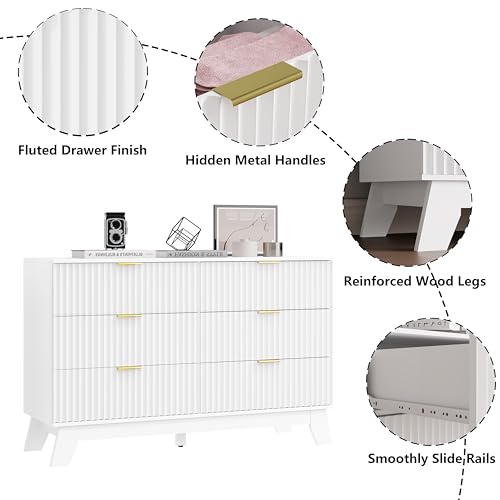Image of HUANLEGO 6 Drawer Dresser for Bedroom, Fluted White Dresser Chest of Drawers with Gold Handle, Mid Century Modern Dressers for Closet, Bedroom Chest Storage Organizer for Living Room, Hallway