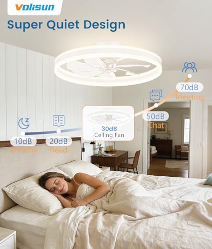 Image of VOLISUN Low Profile Ceiling Fans with Lights and Remote, 27.6in Flush Mount Ceiling Fans with Light, 3000K-6500K Dimmable Fandelier LED Fan Light, White Bladeless Ceiling Fans with Lights for Bedroom
