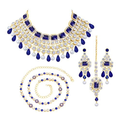 Image of Peora Crystal Choker Necklace with Maang Tikka Earrings Indian Traditional Bridal Wedding Jewellery Set for Women