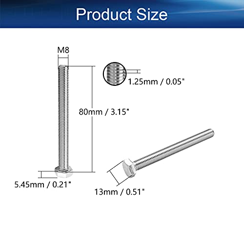 Image of Bettomshin 10Pcs M8 x 80mm Hex Bolts, 304 Stainless Steel 1.25mm Thread Pitch Fully Threaded Metric Hex Head Screw Bolts, Hexagon Screw Bolt, Hex Tap Bolts, Silver (Overall Size 85.45x13x13mm)