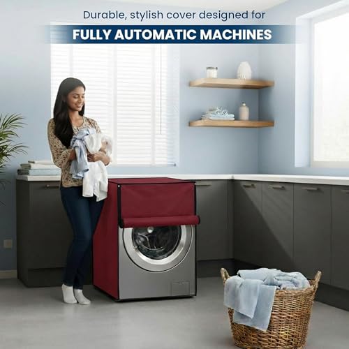 Image of Waterproof & Dustproof Front Load Washing Machine Cover Compatible for LG 12kg (FHD1208STB) | UV-Protective Washing Machine Cover | Anti-Slip Polyester | Easy to Clean & Zipper (Maroon)