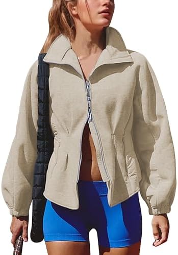 Women's Zip Up Sweatshirt with Balloon Sleeves Casual Athletic Jacket for Workouts Cropped Tops with High Low Hem