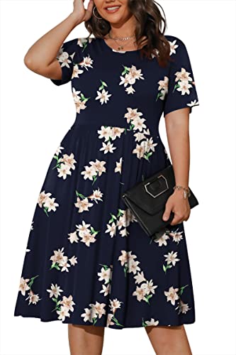 Image of POSESHE Womens Plus Size Summer Dress 2026 Casual Short Sleeve Empire Waist Loose Fit Swing T-Shirt Dress with Pockets